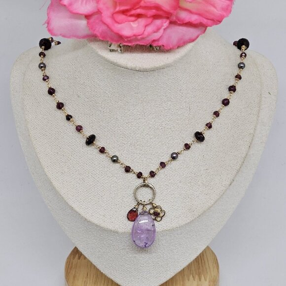 Alexis Bittar 925 Silver Vermeil Amethyst Garnet & Gray Pearl Stones Necklace - Picture 10 of 12